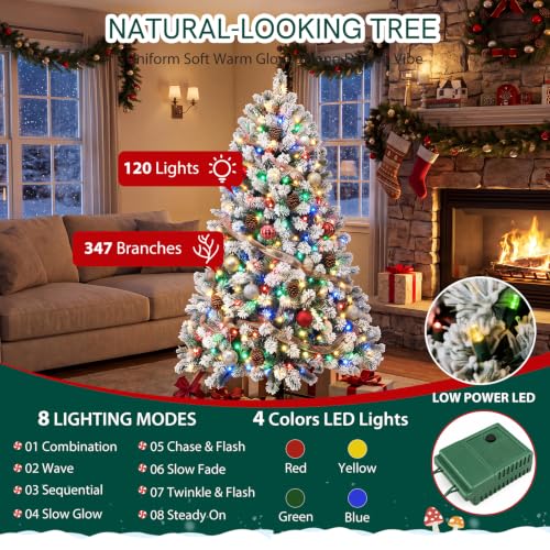 NEWBULIG 4.5 Ft Pre-Lit Snow Flocked Christmas Tree, 8-Mode LED Lights