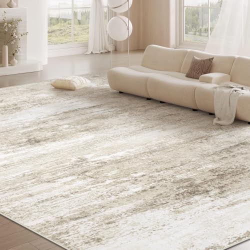 8x10 Beige Washable Area Rug - Soft Modern Abstract Non-Slip Carpet for Living Room & Bedroom