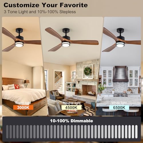 JHSYCH Walnut 52-Inch Outdoor Ceiling Fan with Light, Remote, Reversible Motor