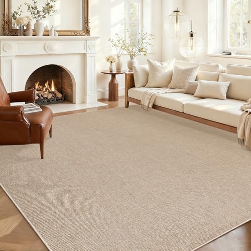 Garvee Modern Washable Solid Rug 8x10 ft Tan for Living Room - Non-Slip, Low-Pile Area Rug