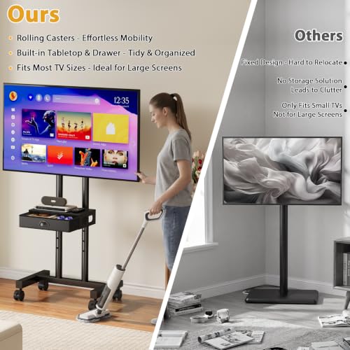 Rolling TV Stand with Drawer for 32-75 Inch TVs, Adjustable Shelf & Mobility
