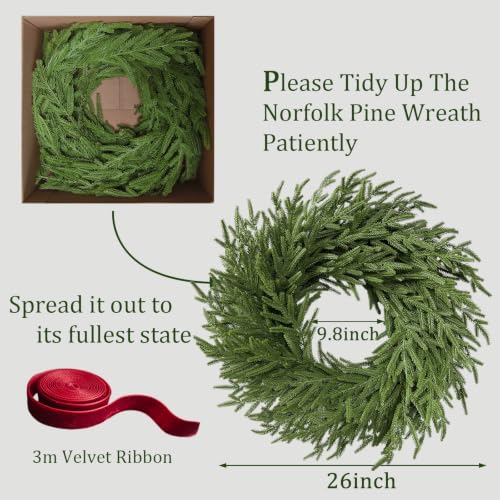Thewe 26-Inch Real Touch Norfolk Pine Wreath with Velvet Ribbon (Green) for Front Door