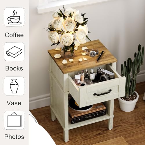 White Farmhouse Nightstand with Drawer - Rustic Small Bedside Table - White & Rustic Brown