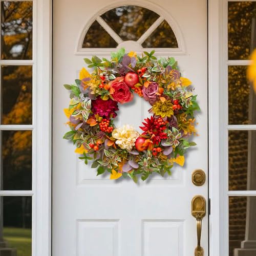 Red Fall Wreath for Front Door 24 Inch Autumn Rustic Thanksgiving Decor