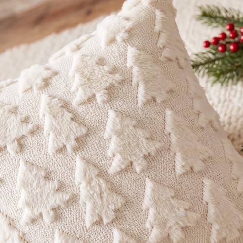 FEHERLO Christmas Tree Throw Pillow Covers 18x18 in Beige, Set of 2 – White Trees Variation