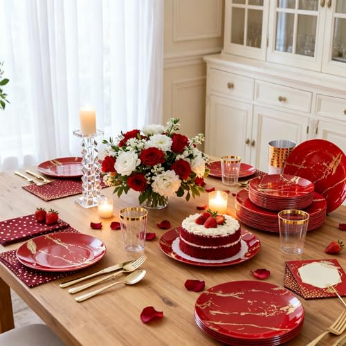 Disposable Dinnerware Set - 225 Pieces Red & Gold Plastic Plates for Hibachi & Asian-Themed Parties - Variation: Gold / 225PCS
