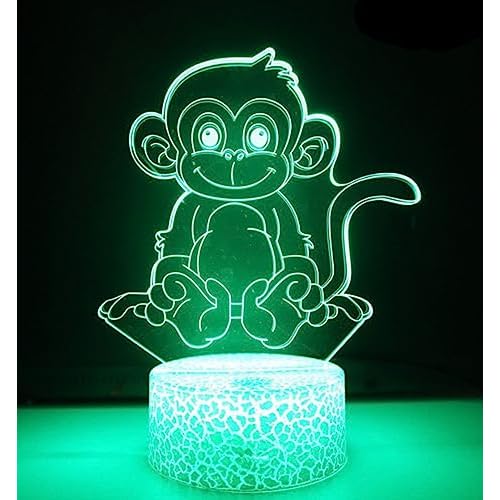 3D Monkey Night Light Lamp Illusion 7 Color Changing Touch Table Desk Decoration Lamps Acrylic Flat ABS Base USB Cable Birthday Gift Toys