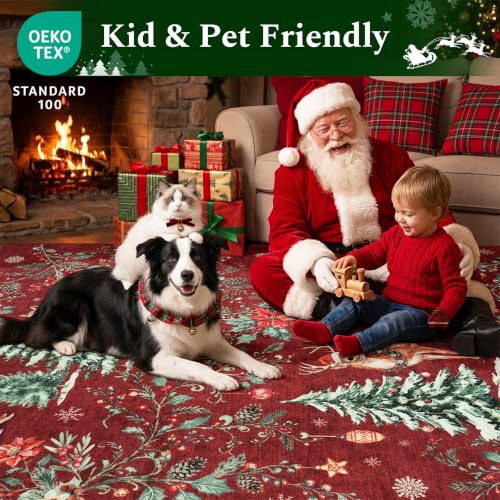Rugflix 5x7 Red Christmas Area Rug - Washable Non-Slip Holiday Decor