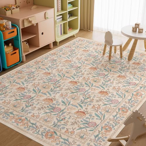 Beige Vintage Floral 8x10 Area Rug - Washable, Soft Low Pile, Non-Slip