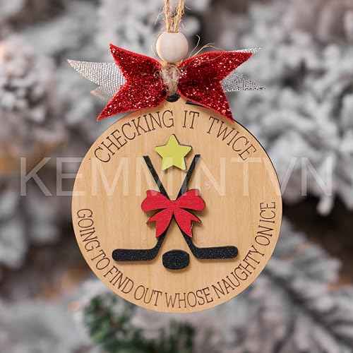 Funny Hockey Christmas Ornament ? Wooden Ice Hockey Tree Decoration, Naughty on Ice Holiday Ornament, Gift for Players & Fans