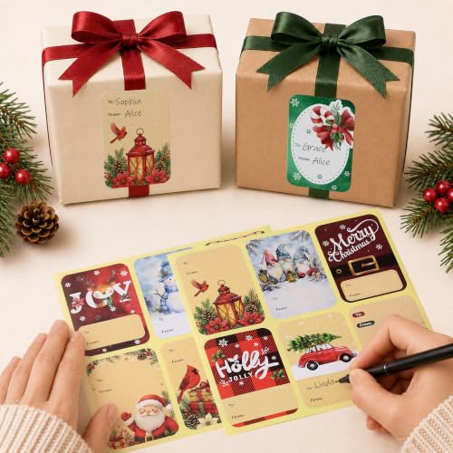 DreamBuilt 120 PCS Christmas Gift Tag Stickers with 12 Festive Designs - Holiday Labels for Wrapping & Crafts