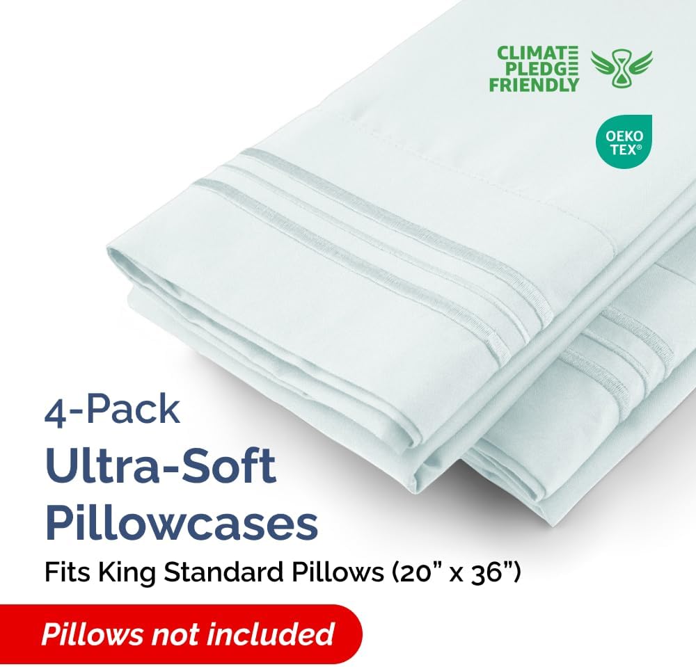 King Standard Pillow Cases by [Brand Name] - Soft Hotel Quality Covers | Comfy & Machine Washable - 4 Piece Set in Ice Blue