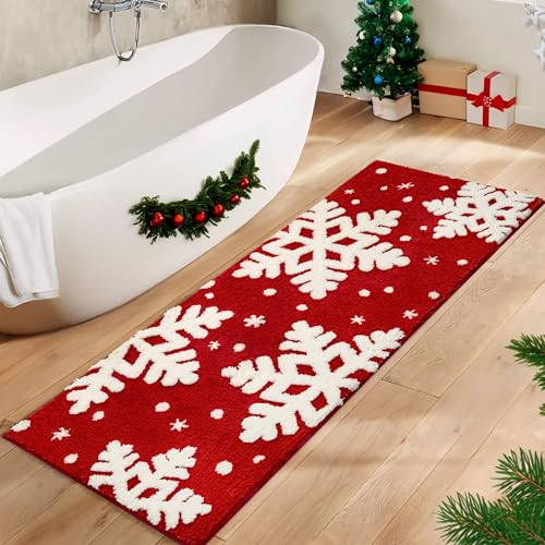 Dexde Christmas Red Runner Bath Mat 24”x60” Non-Slip Microfiber, Absorbent Bath Rug