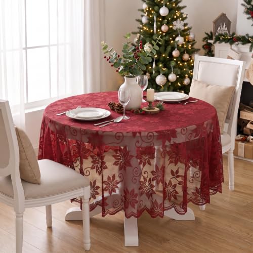 Horaldaily Christmas Lace Round Table Cloth 60x60 Inch Red - Holiday Decor