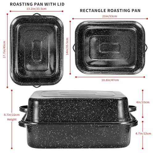 QPMR 21-Inch Rectangular Roasting Pan with V-Shaped Rack & Lid, 25lb Capacity