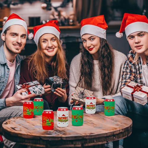 Cinrobiye Green Christmas Can Cooler Sleeves 24 Pack Reusable Holiday Beverage Holders