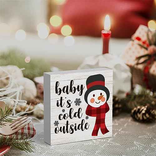 Baby It's Cold Outside Snowman Merry Christmas Tree Wood Box Sign, Farmhouse Christmas Santa Artwork Decor, Wood Square Sign Desk Block Signs Home Shelf Office Decoration 5 x 5 Inches