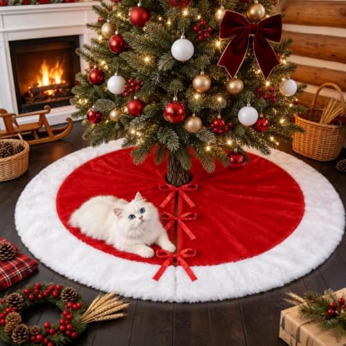X-Large Red & White Velvet Christmas Tree Skirt - 48 Inch Holiday Decor