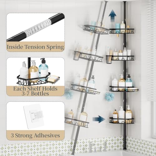 Consumest Black Tension Pole Shower Caddy - 4 Tier Corner Shelves with Brush & Soap Holder, Rustproof Stainless Steel, Adjustable 27.6-108.3 Inches