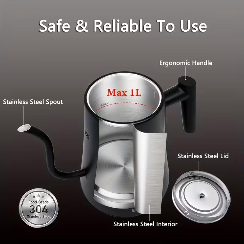 1.0L Gooseneck Electric Kettle with ±1°F Temp Control & Fast Heating