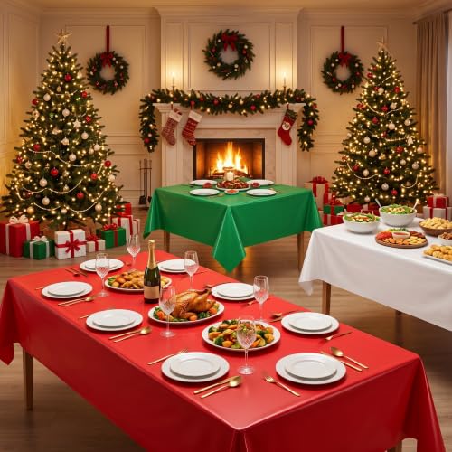 Christmas Plastic Tablecloth Roll 100FT x 54IN - White Red Green with Cutter Box