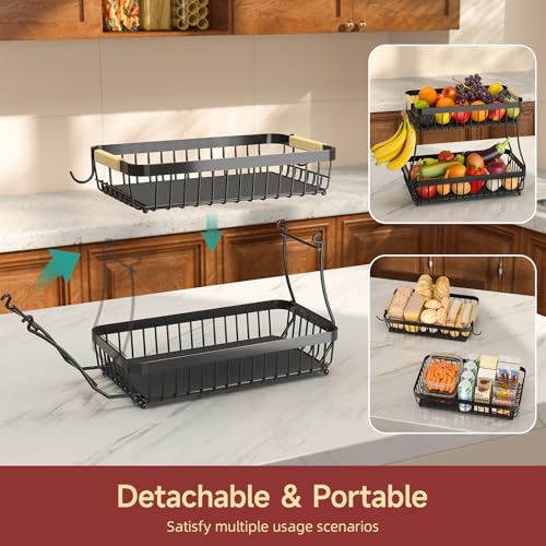 Black 2-Tier Fruit Basket with Banana Hangers, Detachable Metal Bowl
