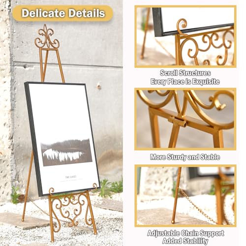 Gold Metal Easel Stand for Sign Display - Heavy Duty Adjustable Sign Holder - Fleur De Lis Top Variation
