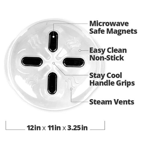 HOVER COVER Magnetic Splatter Cover, 12-Inch Clear BPA-Free Food Lid, Vented Plate Guard with Steam Vents, Anti-Splash Microwave Lid, Dishwasher Safe, Space-Saving Magnetic Storage - Onyx Black
