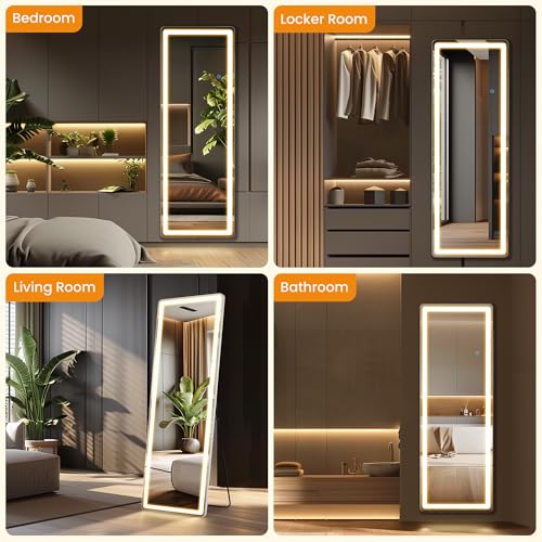 LED Full Length Standing Mirror 64" x 21" with Three Color Modes - White LED Arched Floor Mirror