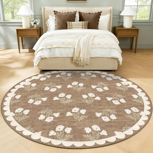 Round Area Rug 6ft - Soft Washable Vintage Floral Carpet for Living Room - Tan