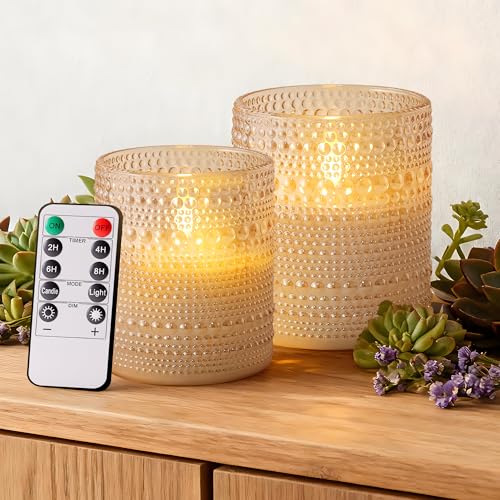 Gold Dotted Glass Flameless LED Candles Set with Remote - Real Wax Finish