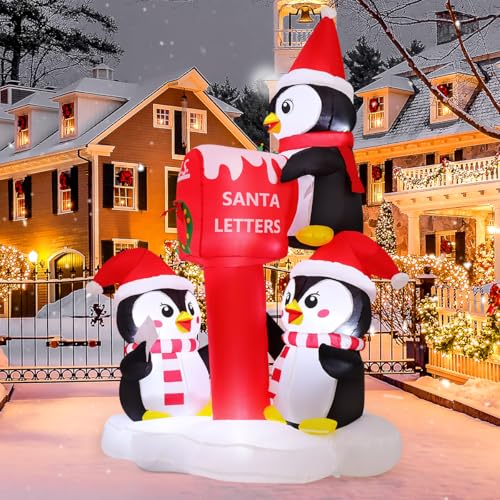 GOOSH 6.5 ft Christmas Inflatable Penguins with Santa Mailbox—LED Lighted Outdoor Yard Decor