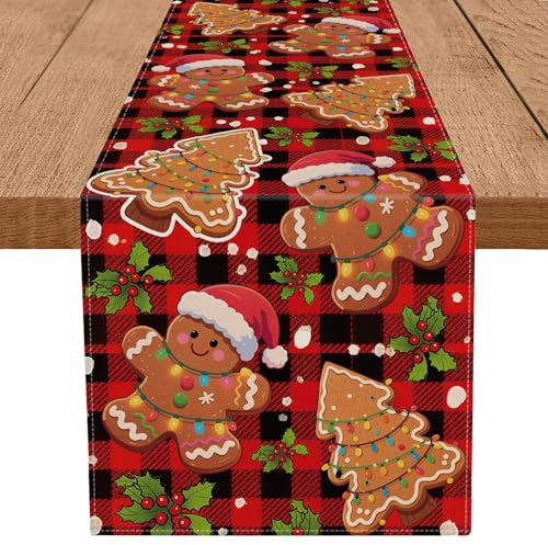 Gingerbread Man Table Runner 13 x 108 Inch - Christmas Plaid Kitchen & Dining Decor