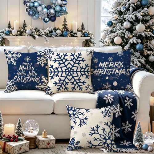 Blue Merry Christmas Snowflake Pillow Covers 18x18 Inch, Set of 4 - 18" Square