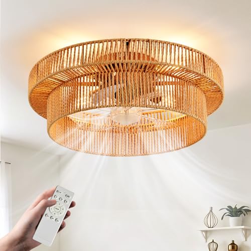 Natural Brown 20 Inch Boho Ceiling Fan with Light and Remote - Reversible 6-Speed Indoor Fandelier