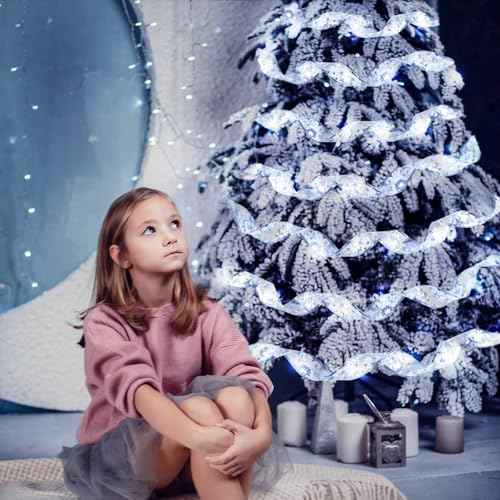 Ouddy Life 32ft Christmas Ribbon Fairy Lights, 100 LED Lights Silver Ribbon for Christmas Tree Wired Double Layer Mesh, Outdoor Indoor New Year Holiday Christmas Tree Decorations Wrapping Xmas Garland