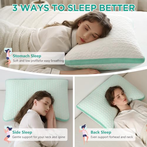 Baskbed Queen Cooling Side Sleeper Pillow 2 Pack - Green, Adjustable Neck & Shoulder Support