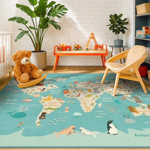 Kids Playroom Rug 5x7 Blue Planet Safari Educational Animal Map Non-Slip Washable