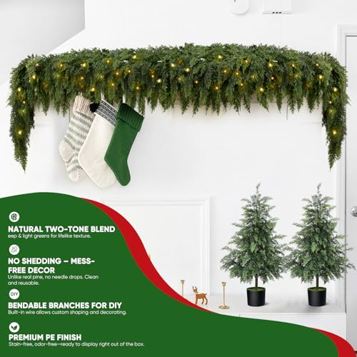 6FT Christmas Garland with Lights - Real Touch Cedar, 2 Pack