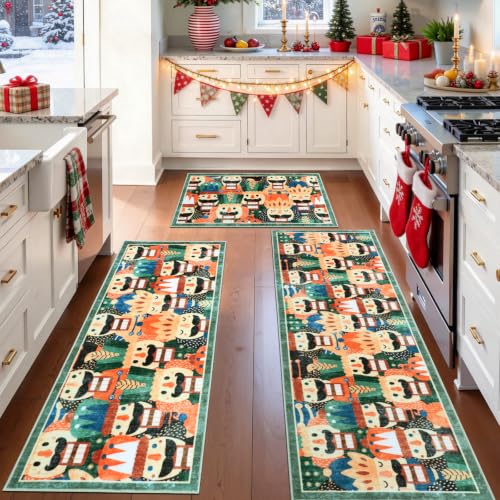 Christmas Nutcracker Kitchen Rug and Mats 3 Piece Non Slip Washable
