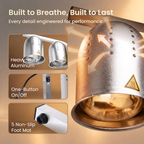 Silver Food Heat Lamp - Commercial Grade 2-Bulb Warmer with Adjustable Stand