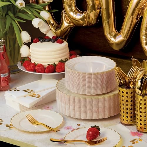 By Madee Heavyweight Ivory and Gold Scalloped Plastic Plates 100 Pc for Weddings & Parties