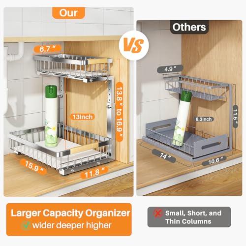 PXRACK Large Silver Under Sink Organizer 2-Tier Adjustable Pull-Out Cabinet Storage