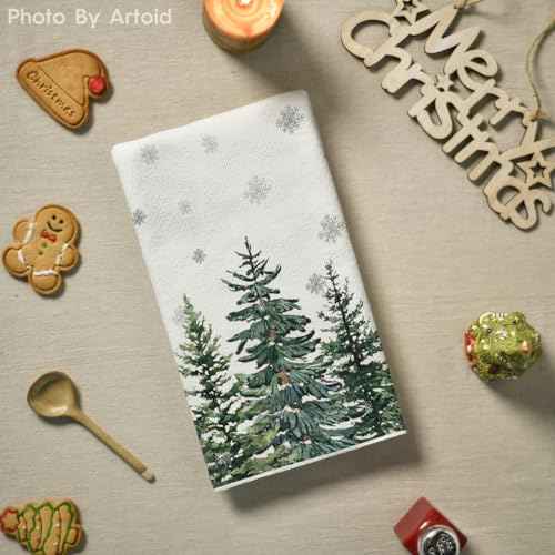 Artoid Mode Hello Snowflakes Winter Kitchen Towels Dish Towels, 18x26 Inch Christmas Pine Trees Decoration Hand Towels Set of 2