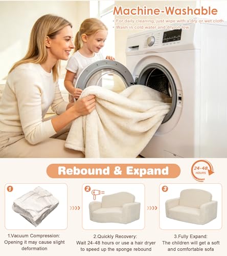 Lanabuna Cream Large 2-in-1 Kids Couch with Storage & Blanket - Toddler Sofa Chair