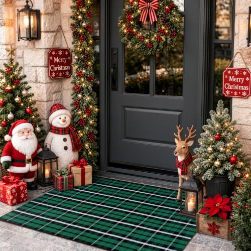 Christmas Door Mat 28x43 Inches Buffalo Plaid Cotton Outdoor Rug, Green & Black, Washable