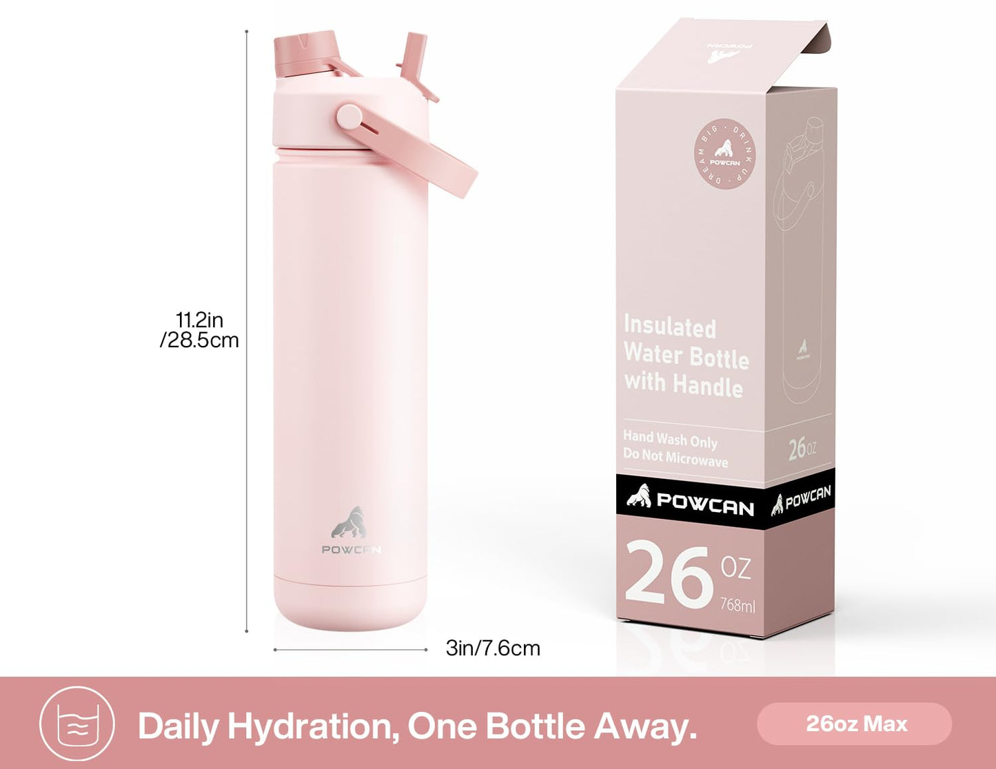 POWCAN 26 oz Insulated Water Bottle with 2-in-1 Straw and Spout Lid, Keep Cold 24H, Leak-Proof, Fits in Car Cup Holder, Stainless Steel Water Bottle for Sports, Travel, Gift and School (Kiss Me Berry)