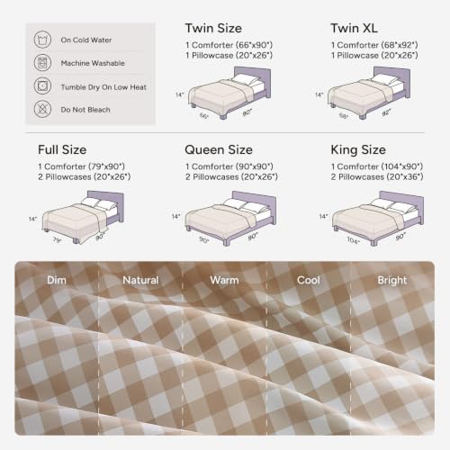 Twin Gingham Comforter Set - Tan Checkered Grid Bedding with Pillowcase - 66x90 inches - Variation 05
