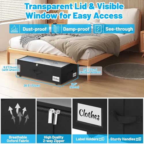 Black Under Bed Storage Bins 2-Pack with Clear Lid & Label - 10 Inch Tall XXL 75L