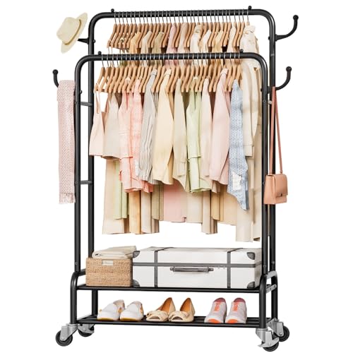 Heavy Duty Garment Rack with 2 Rods & 4 Wheels - Black, 30 Inches